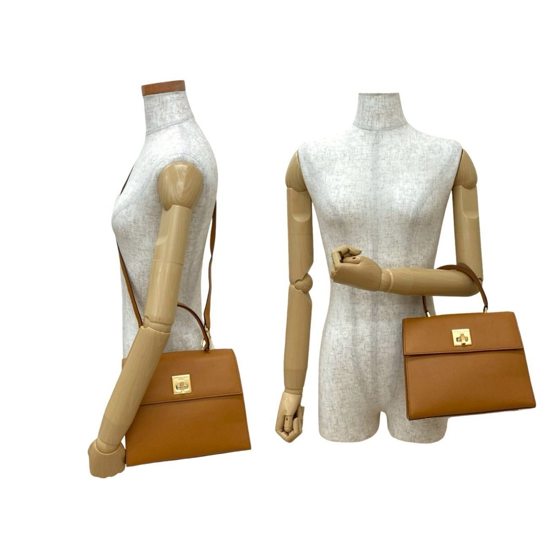 CELINE Logo Turnlock Hardware Leather Genuine Handbag/Shoulder Bag Camel 05993