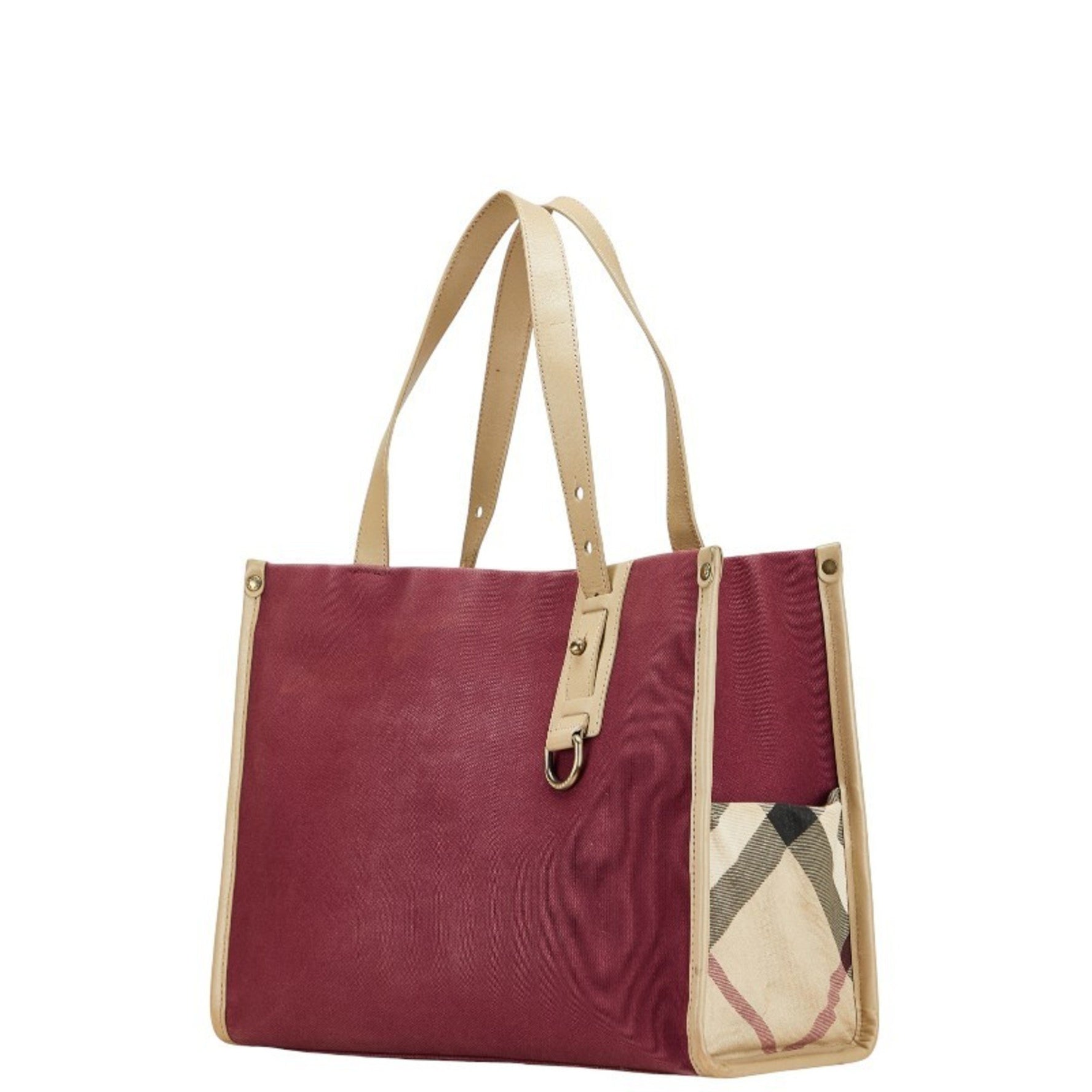 Burberry Check Handbag Tote Bag Purple Beige Canvas Leather