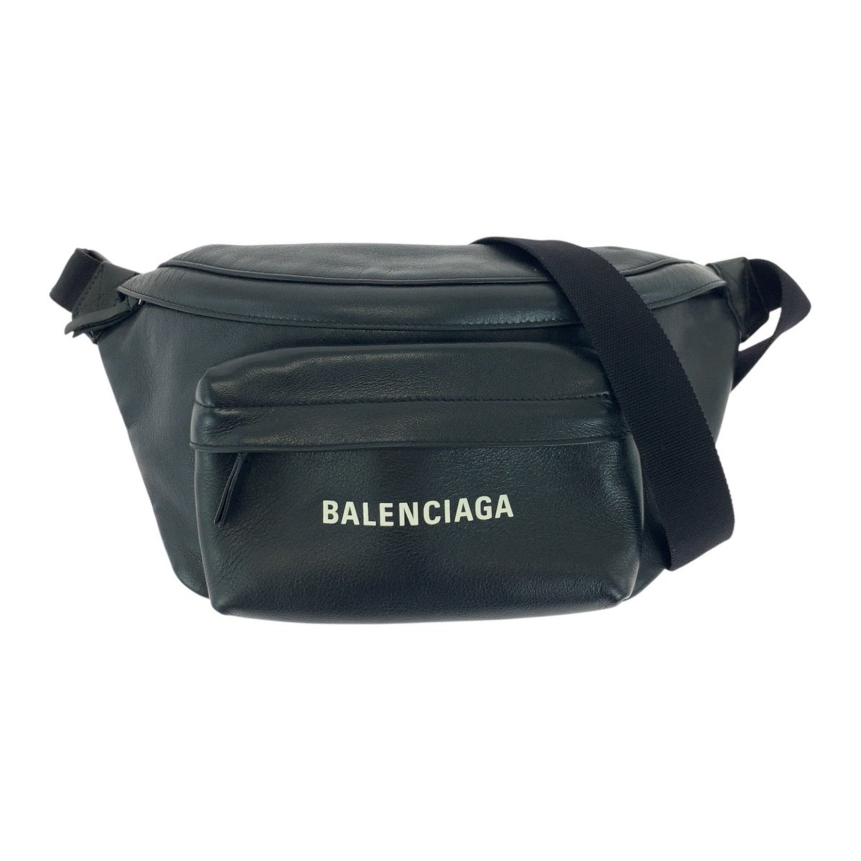 BALENCIAGA Everyday Logo Print Black Silver Hardware Leather Body Bag Waist Men's