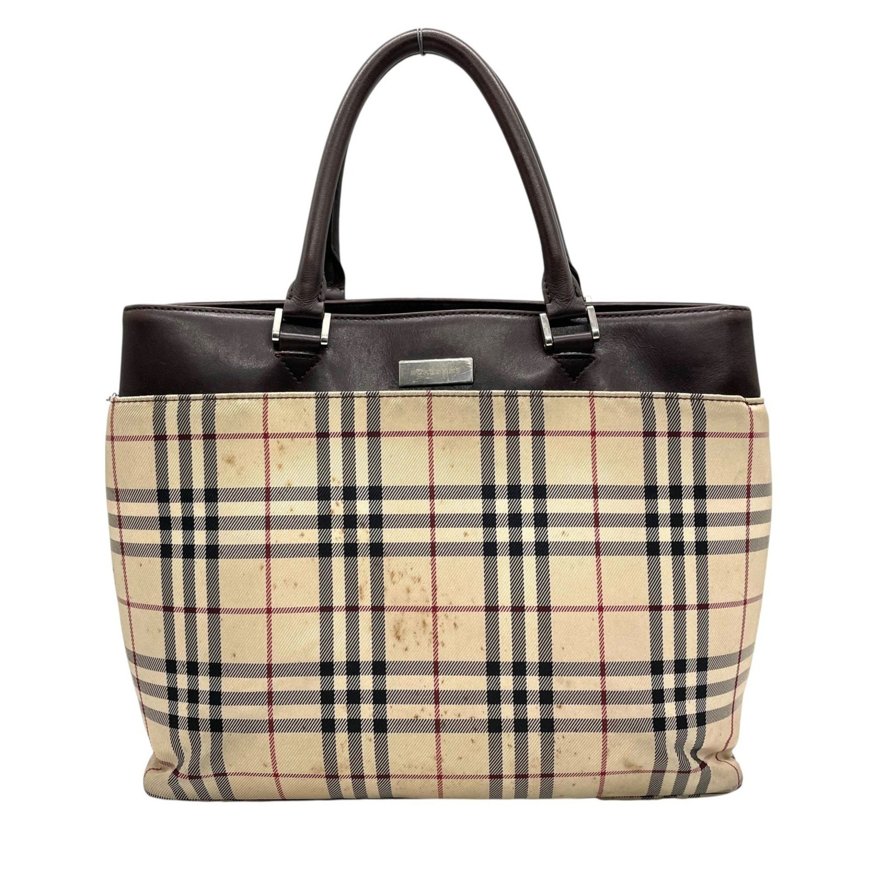BURBERRY Nova Check Tote Bag, Beige/Brown Canvas and Leather with Silver Hardware Logo Plate