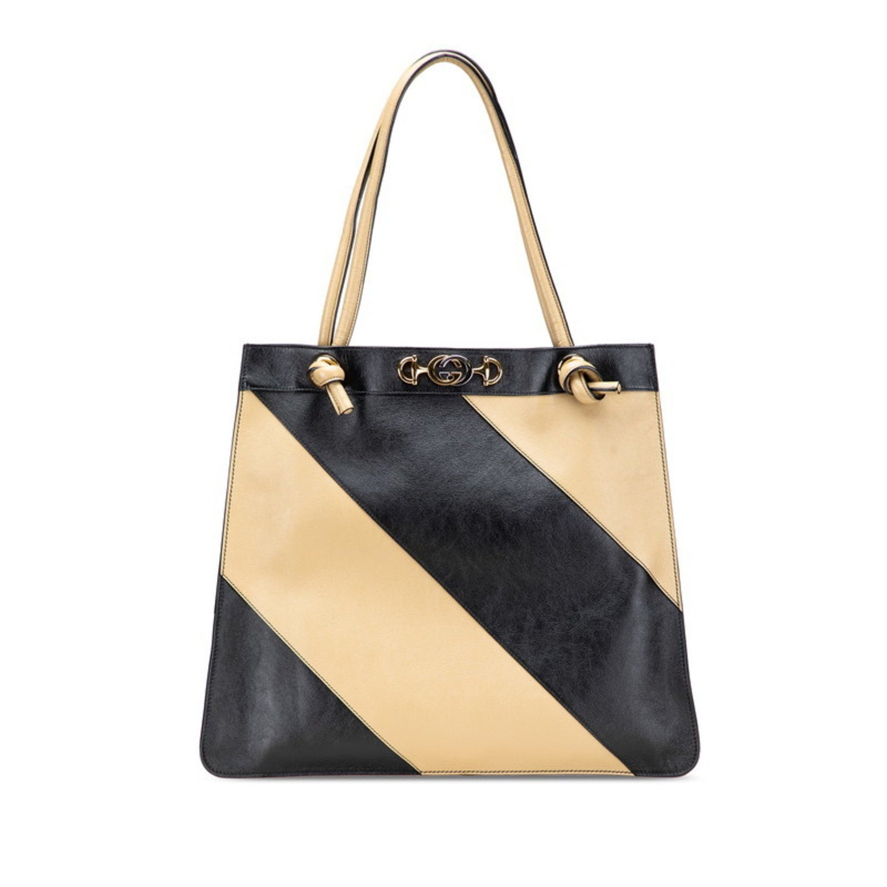 Gucci Zumi Horsebit Two-Tone Tote Bag/Shoulder Bag in Black and Greige Leather