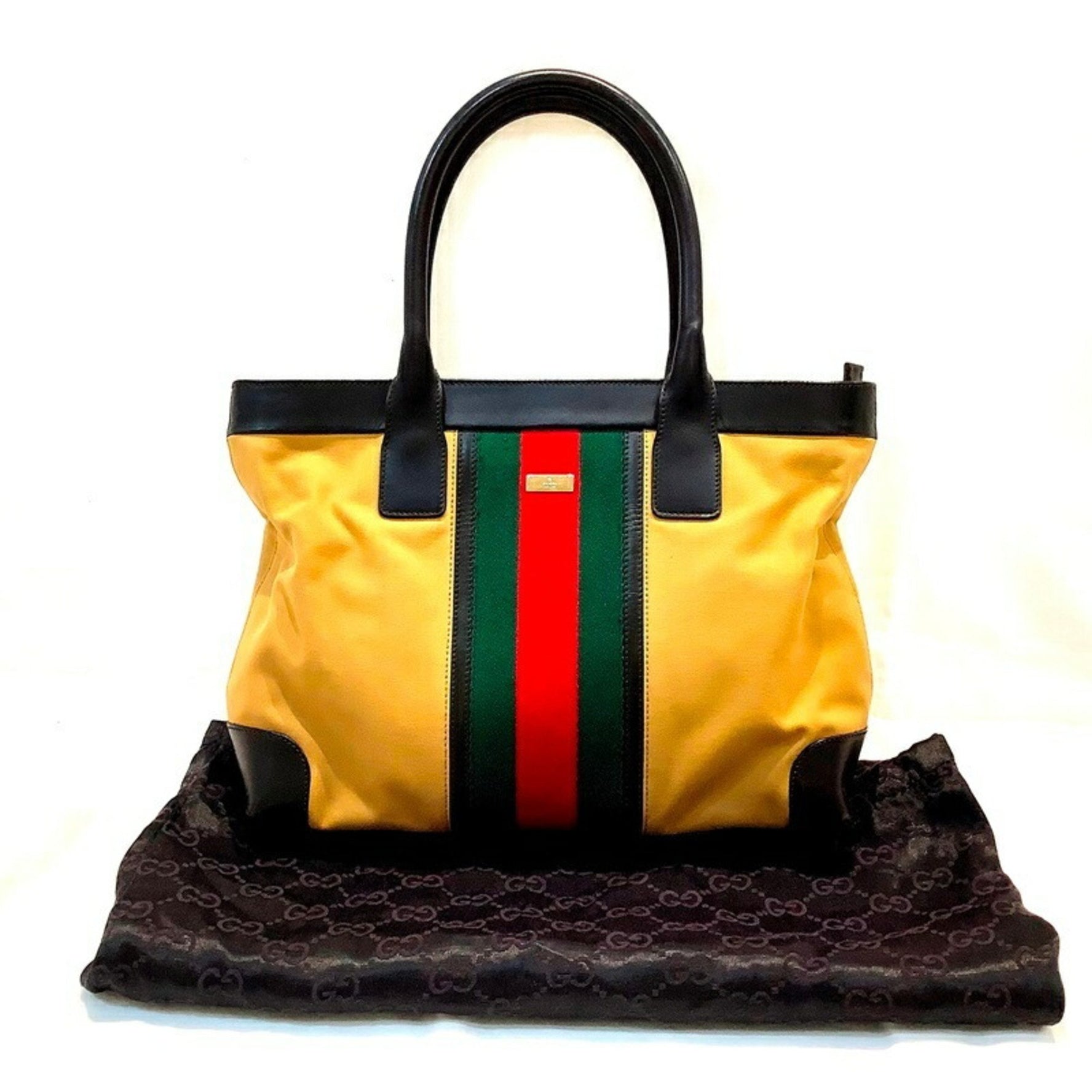 Gucci Sherry Line Tote Bag, Camel Beige and Black Canvas Leather, 002.1119.1705, KB-9925