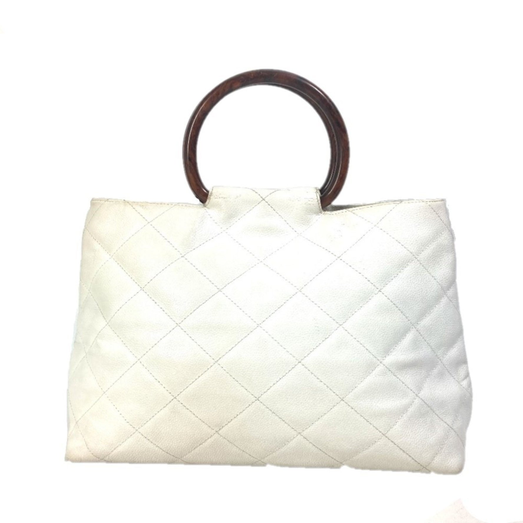 CHANEL Matelasse Quilted CC Coco Mark Wood Handle Tote Bag Handbag in Caviar Skin, White