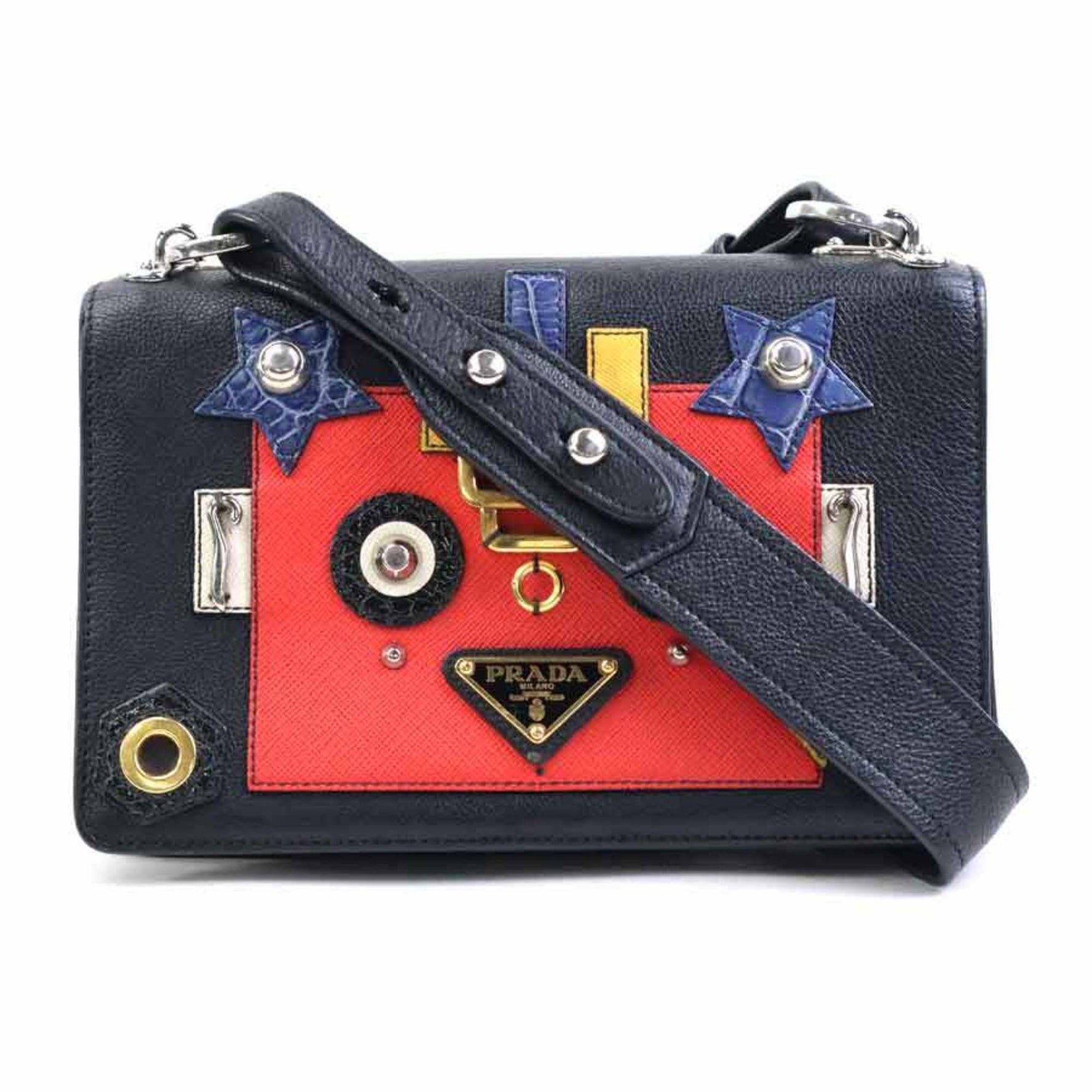 Prada Shoulder Bag Leather Metal Black Multicolor