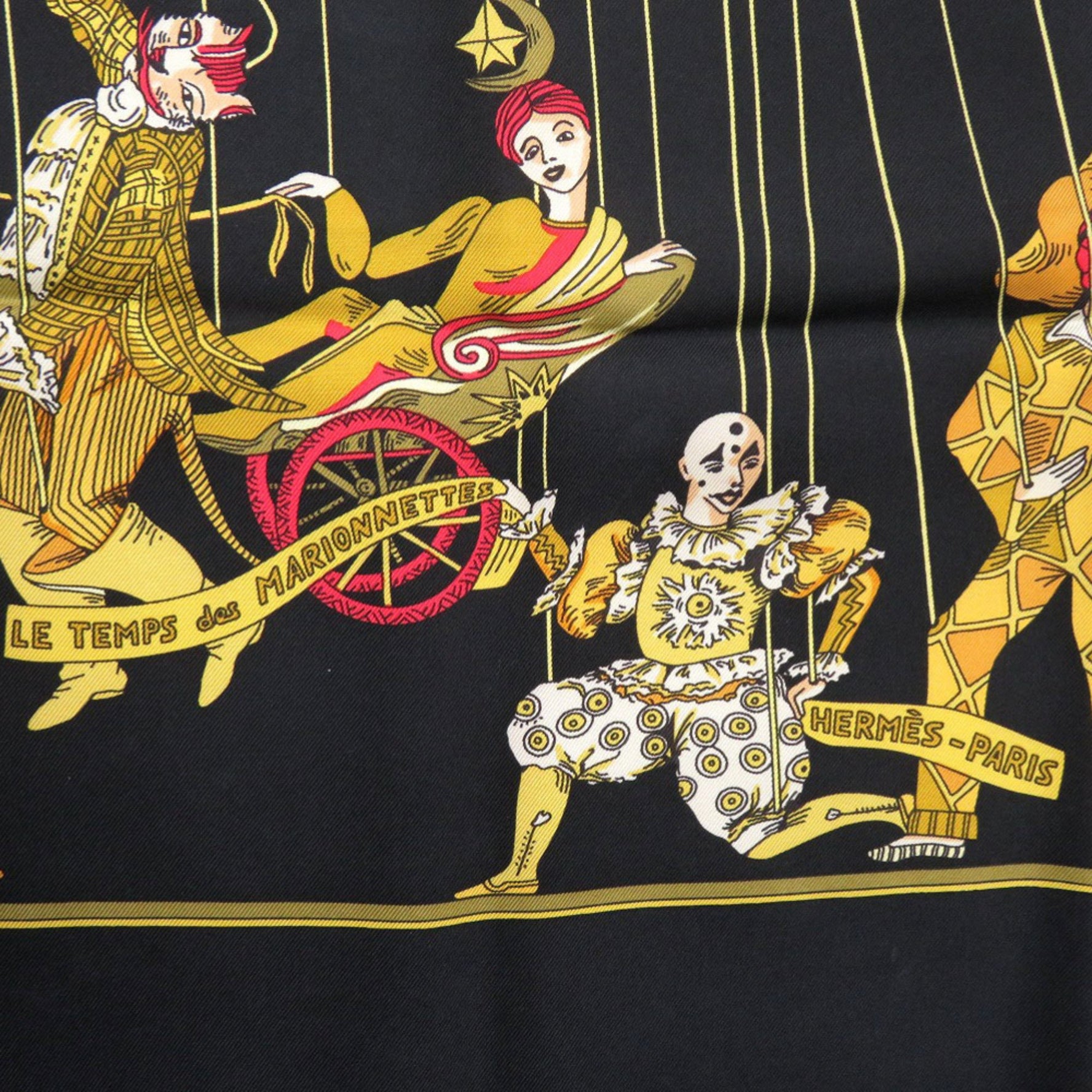 Hermes Hermès Carré 90 "Le Temps des Marionnettes" Silk Scarf Muffler in Black, Gold, and Red (0205)