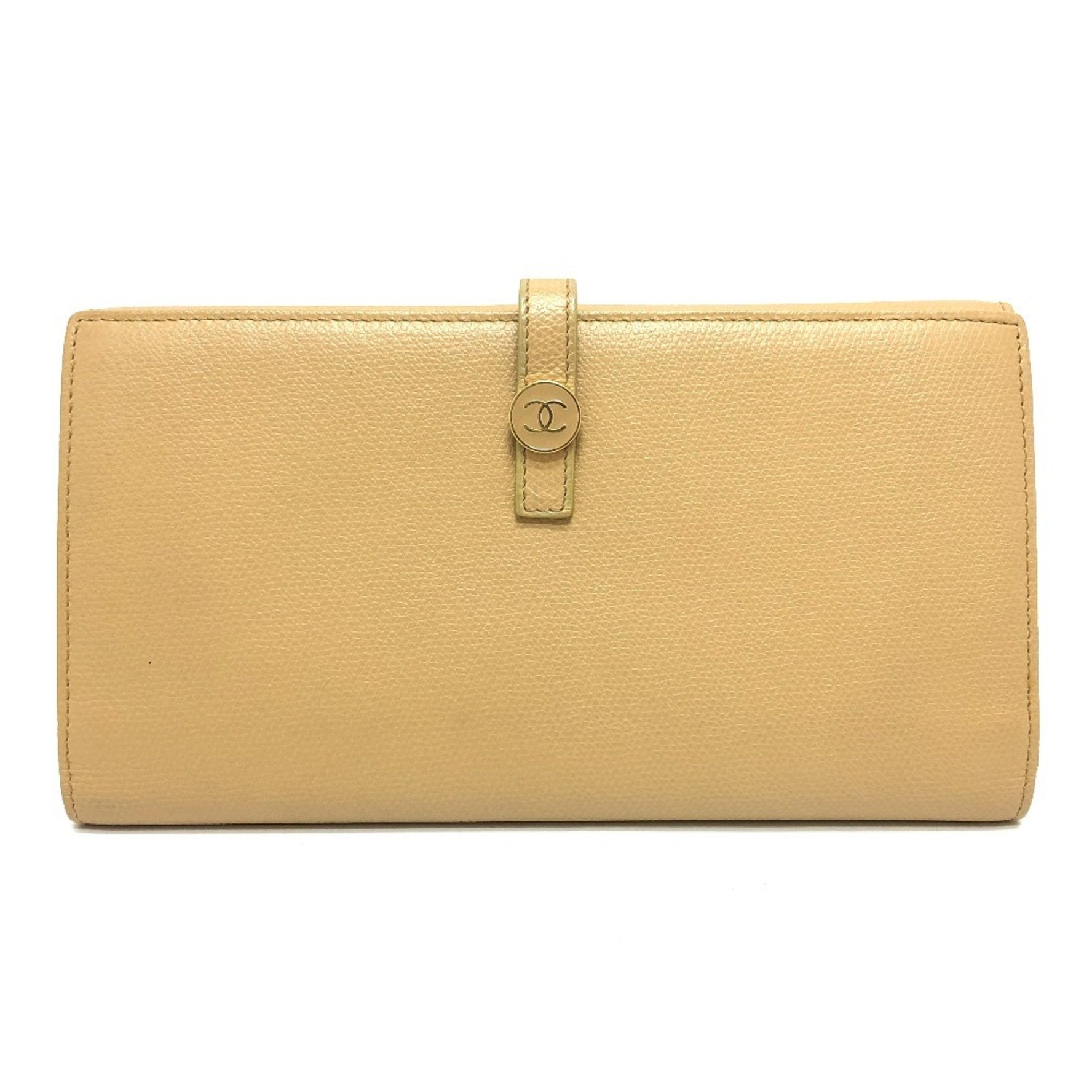 CHANEL Coco Button Wallet, Bi-fold Long Leather, Women's, Beige