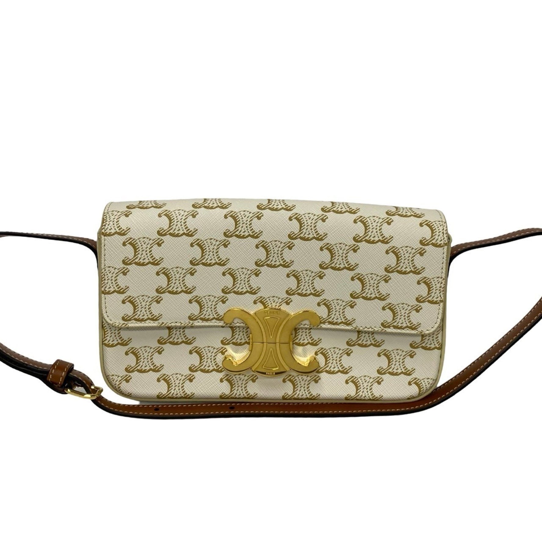 CELINE Macadam Blason with Triomphe hardware and leather mini semi-strap shoulder bag in brown ivory