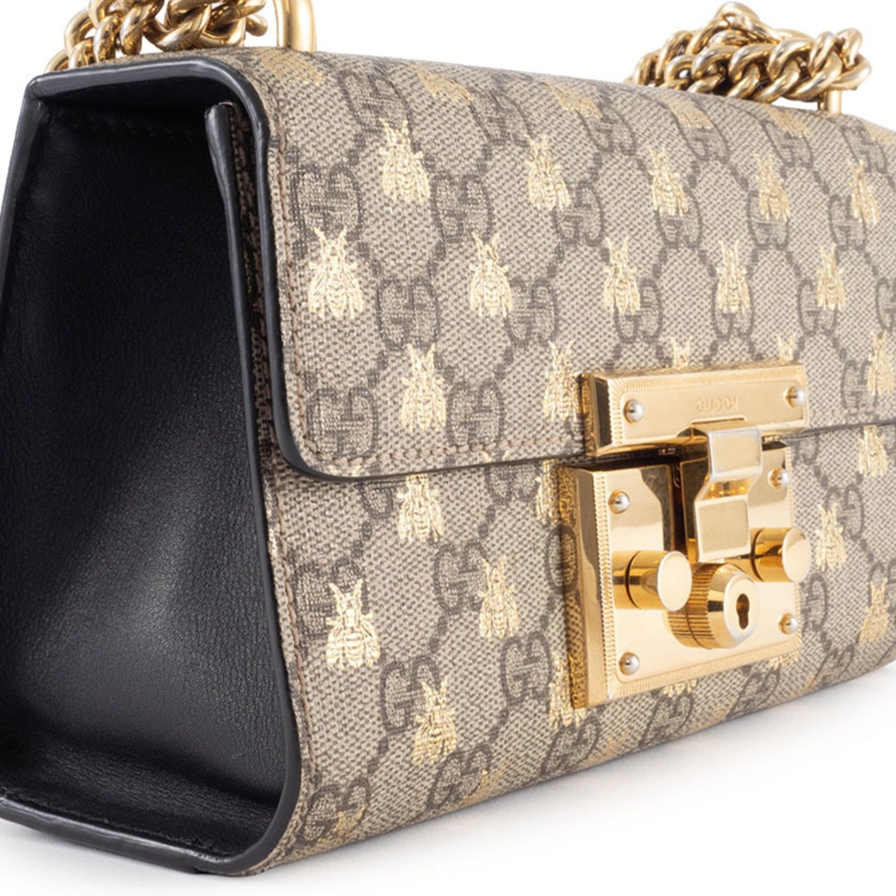 Gucci Bee GG Supreme Leather Padlock Chain Shoulder Bag, Beige, Small