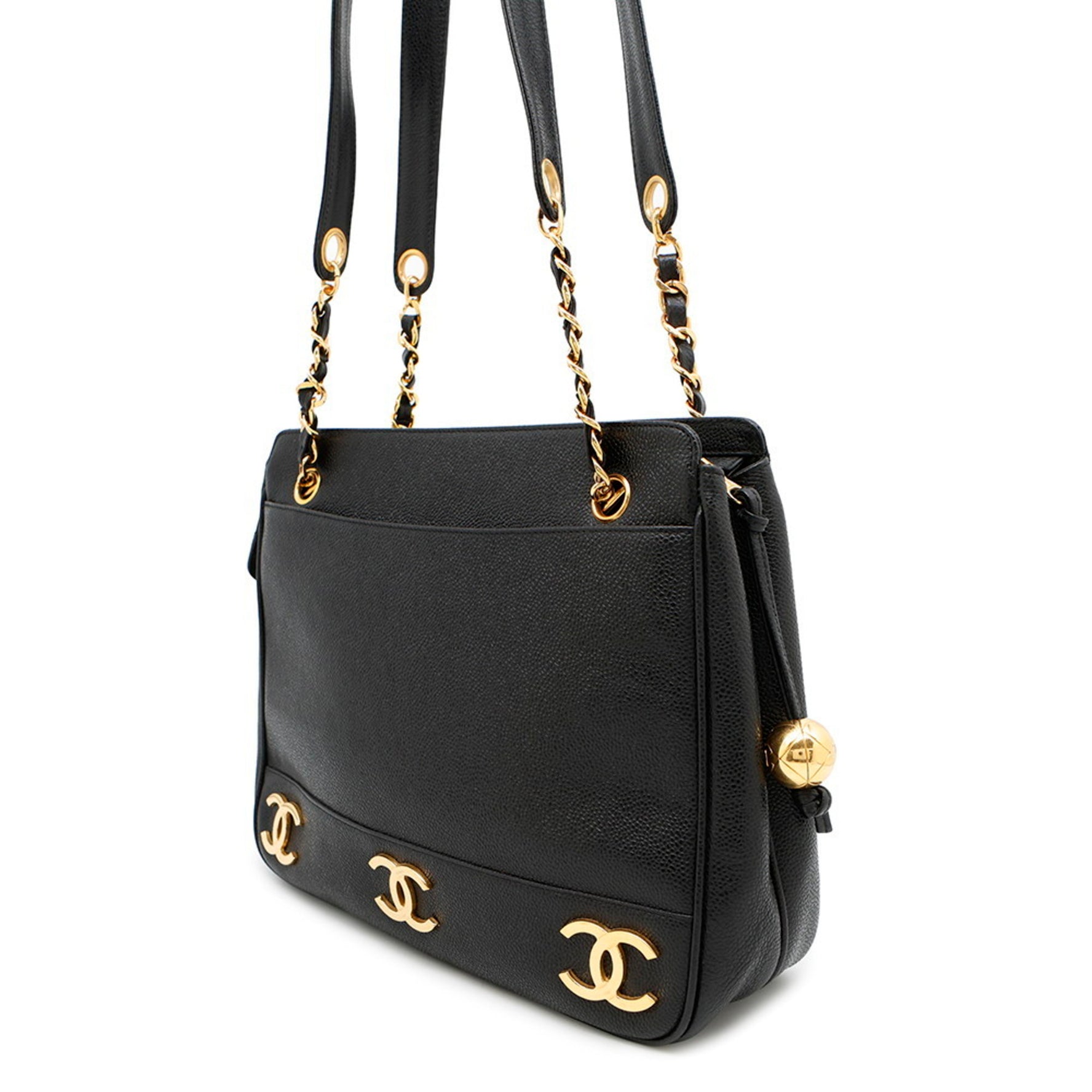 CHANEL Chain Tote Bag with Triple Coco Mark and Caviar Leather Double Shoulder A03675 Black