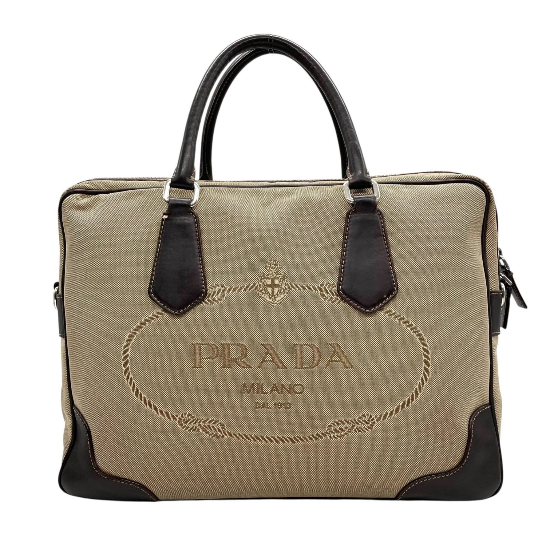 PRADA Jacquard Logo 2-Way Business Bag Shoulder Canvas Leather Beige Brown Men's Women's Z4