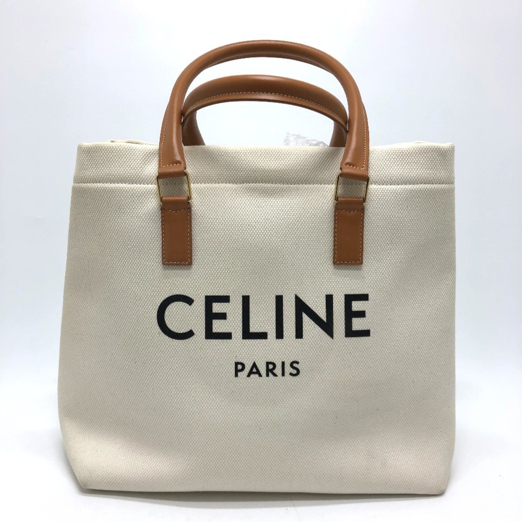 CELINE Logo Tote Bag, Horizontal Cabas Canvas/Leather, Natural/Tan/White