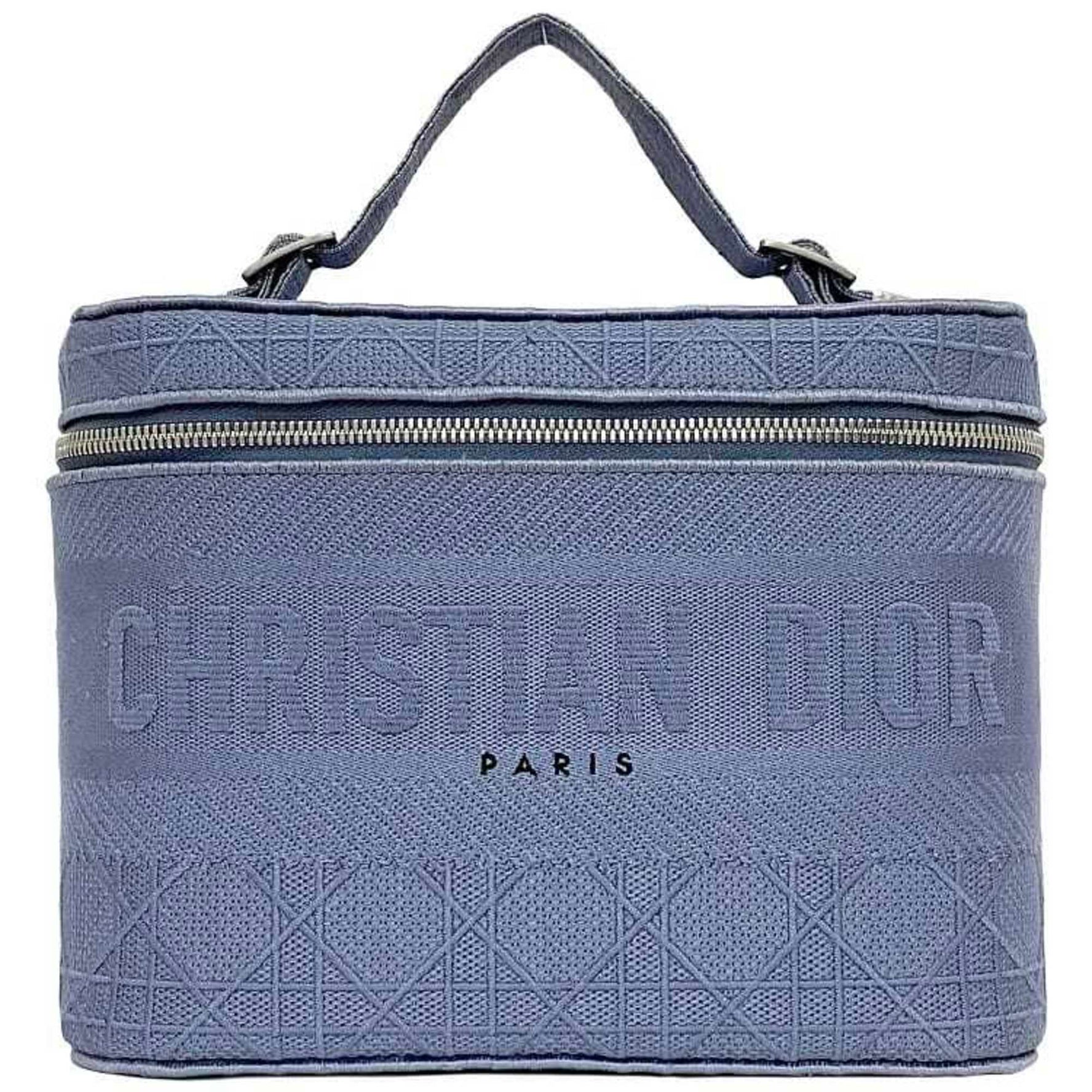 Christian Dior handbag vanity bag light blue cannage canvas embroidery self-supporting double