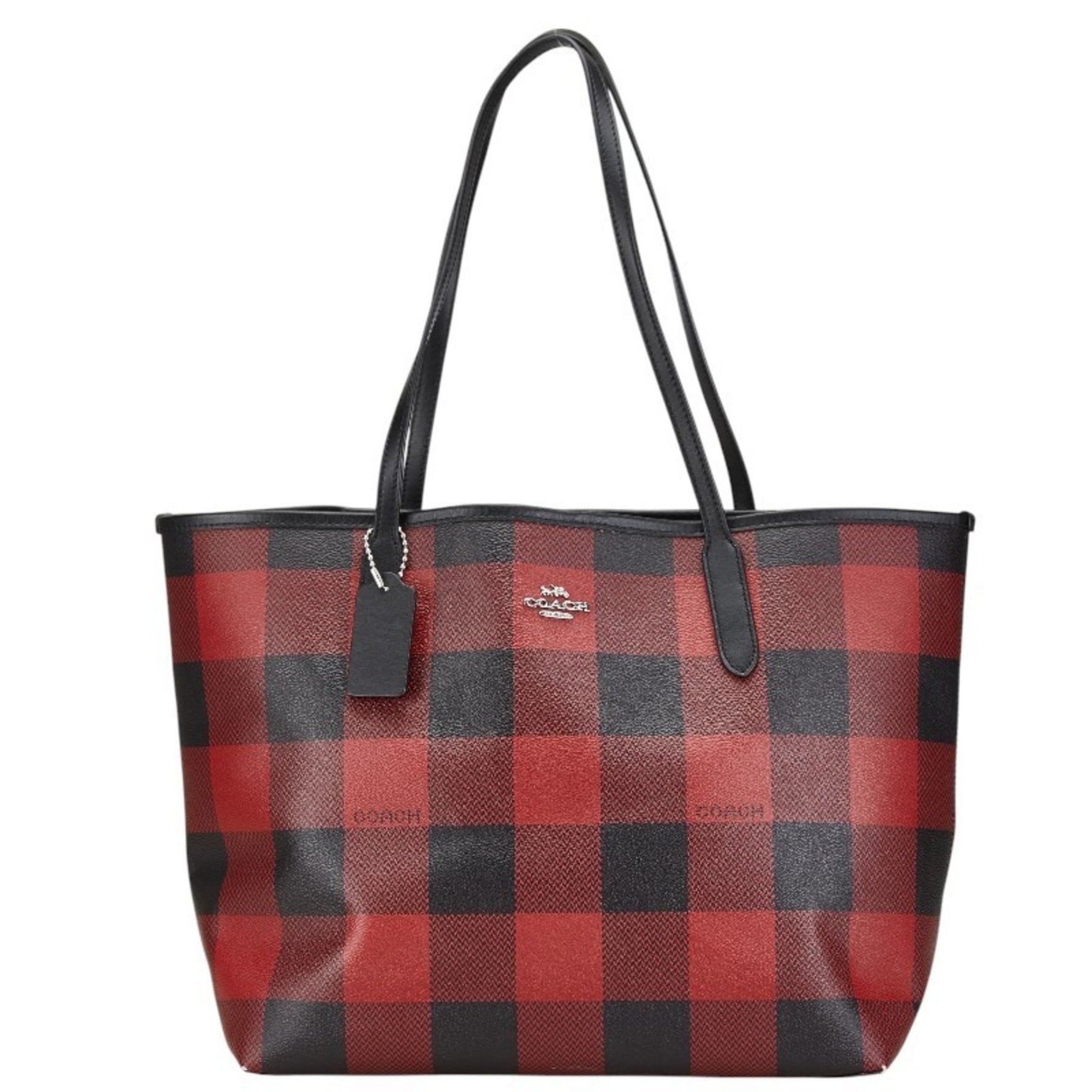 Coach Check Buffalo Plaid Print Handbag Tote Bag Black Red Leather
