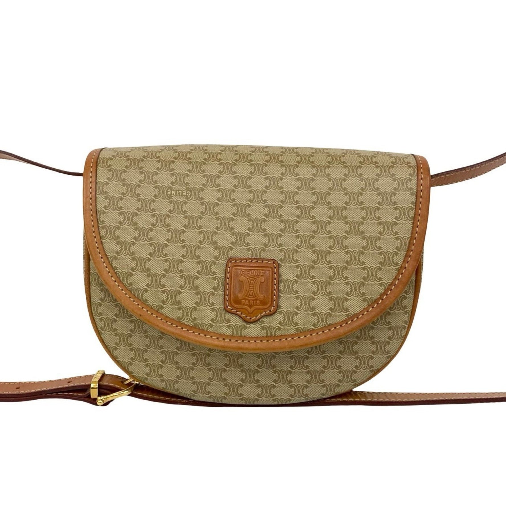 CELINE Macadam Blason Triomphe Logo Leather Shoulder Bag in Beige and Brown