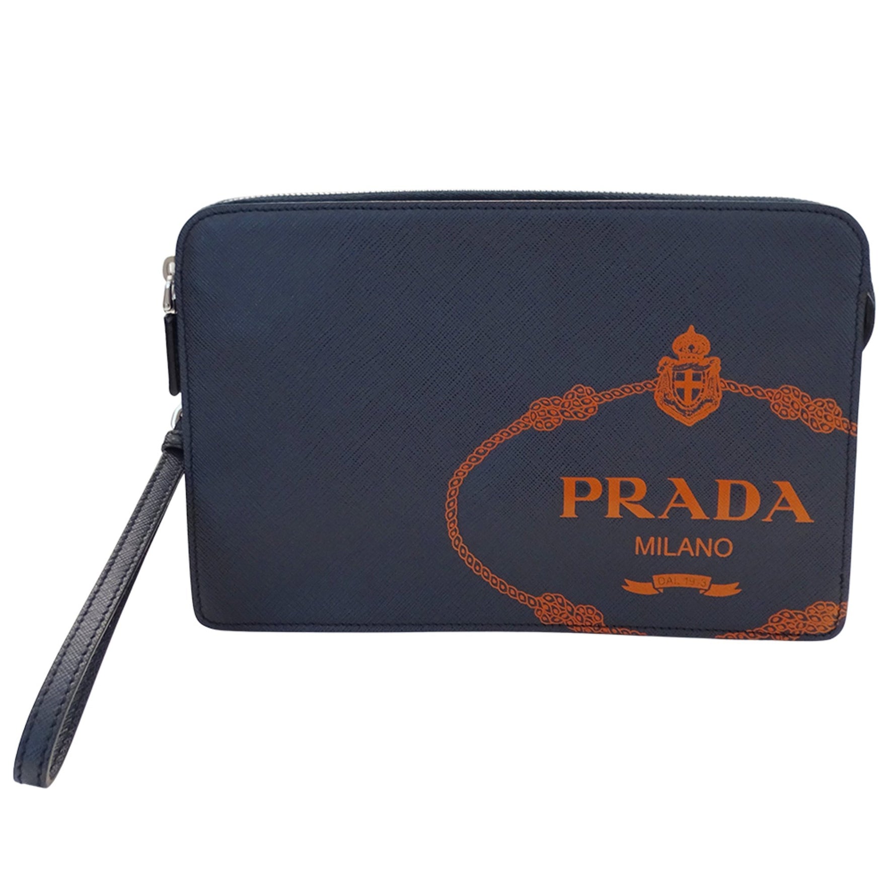 Prada Brand Clutch Bag/Second Bag Saffiano Leather in Navy and Orange with Silver Hardware