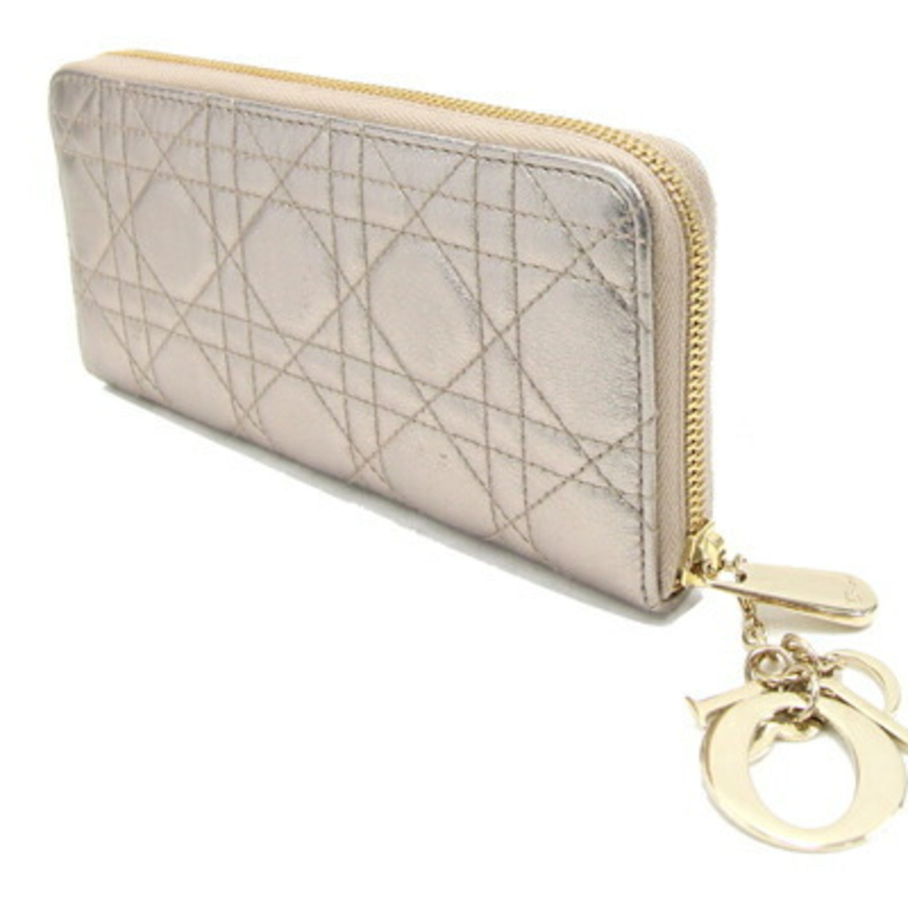 Christian Dior Dior Round Long Wallet Lady Champagne Gold Leather Zip DIOR