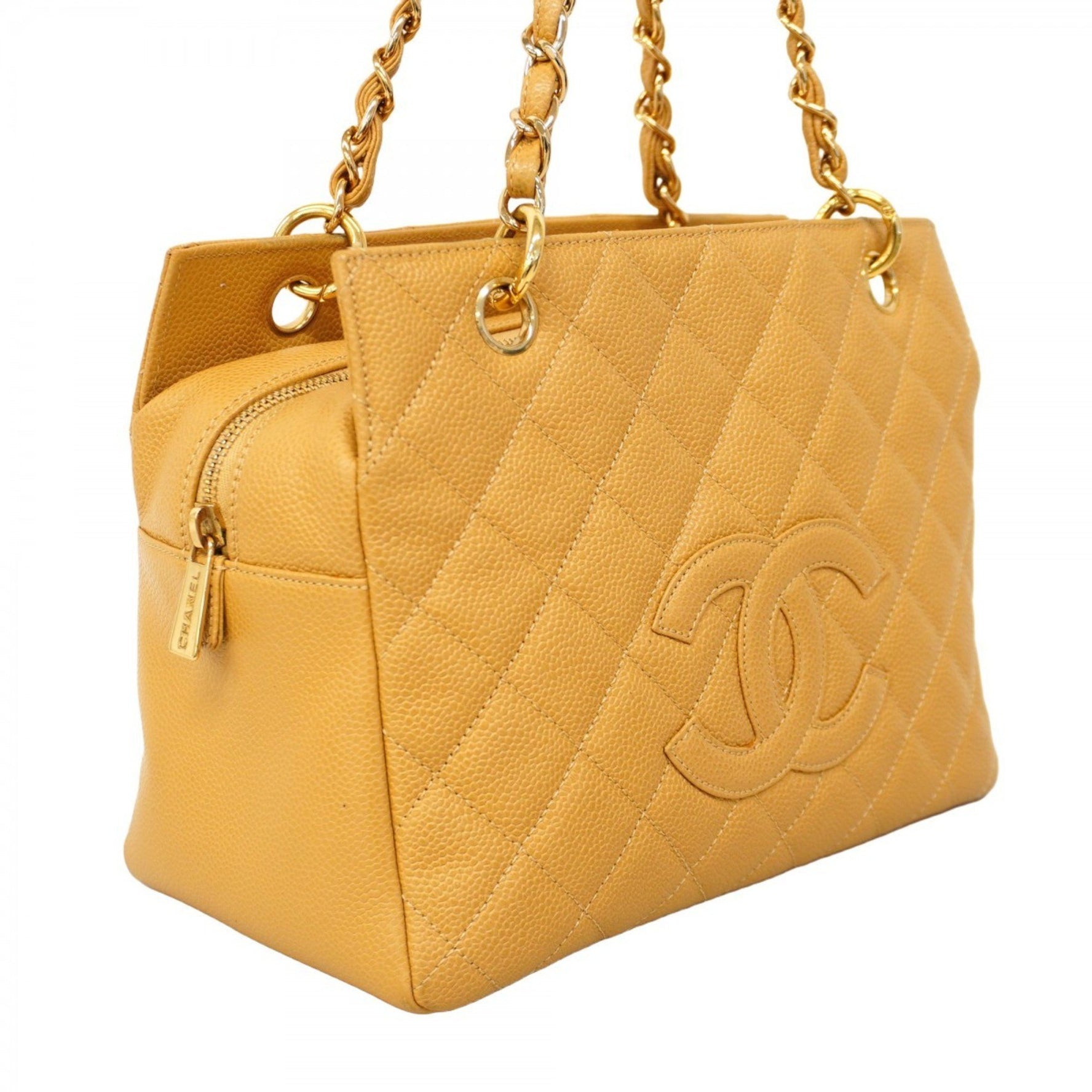 Chanel Matelasse Shoulder Bag with Chain Bag, Caviar Skin, Beige, Women's