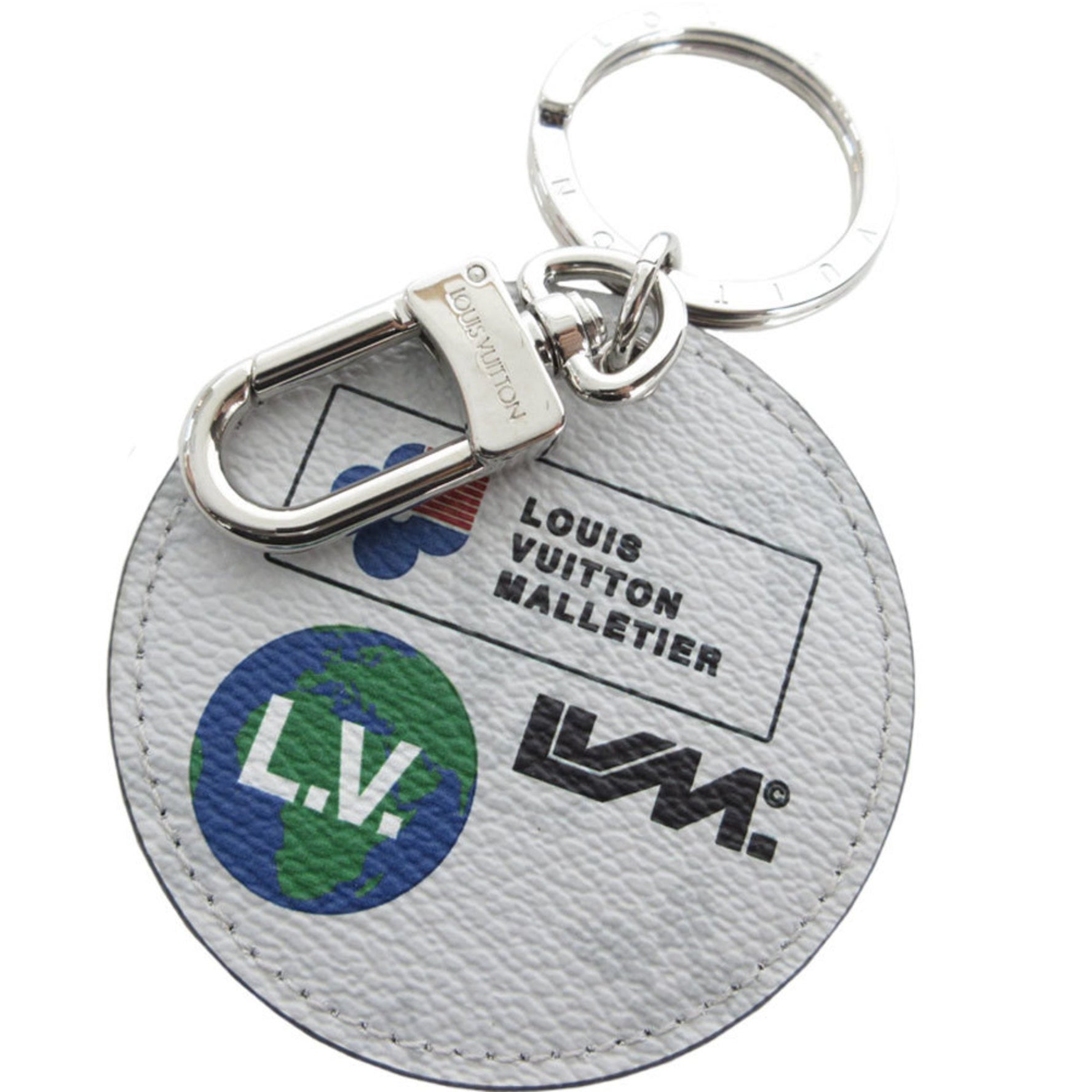 Louis Vuitton Charm Monogram Portocle Round Key Ring Coated Canvas Metal Light Gray Silver Men's