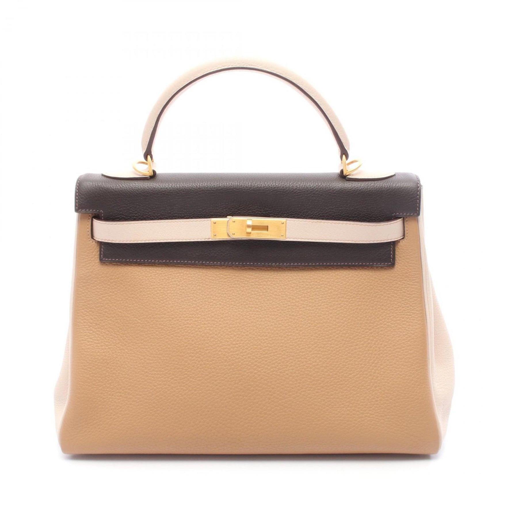 Hermes Hermès Kelly 32 Tricolore, Argile, Tabac Camel, Chocolate, Taurillon Clemence Leather Handbag, Women's, Ivory, Brown