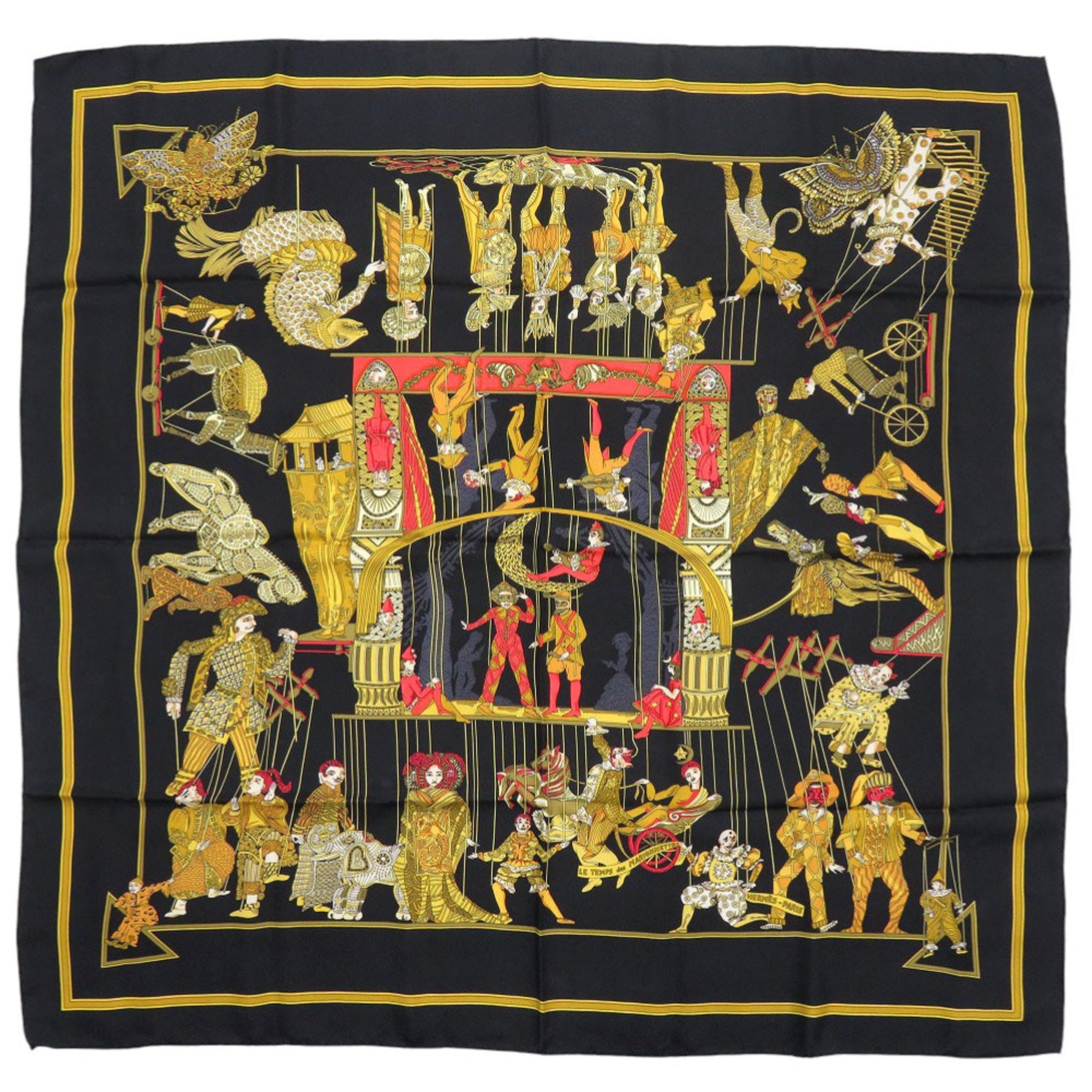 Hermes Hermès Carré 90 "Le Temps des Marionnettes" Silk Scarf Muffler in Black, Gold, and Red (0205)