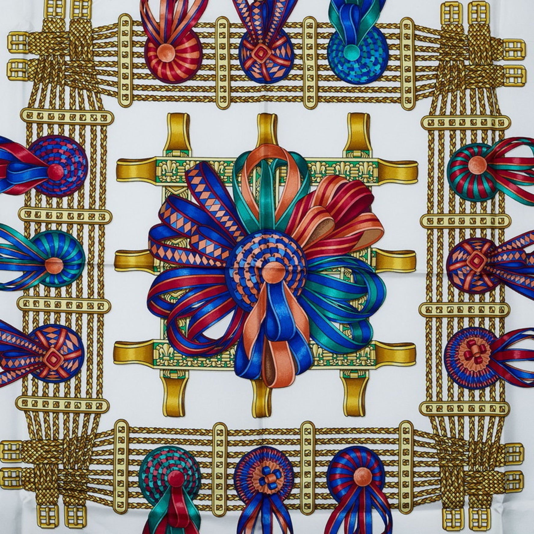 Hermes Carré 90 Horse Ribbon LES RUBANS DU CHEVAL Scarf Muffler Blue Gold Silk Women's HERMES